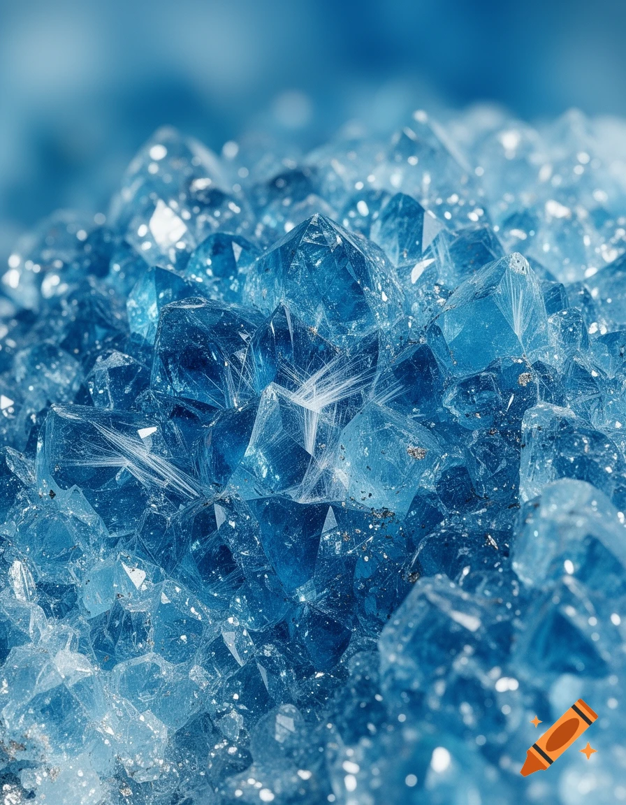 Close-up of sparkling blue crystals in a geode formation, showing intricate facets and light reflections.