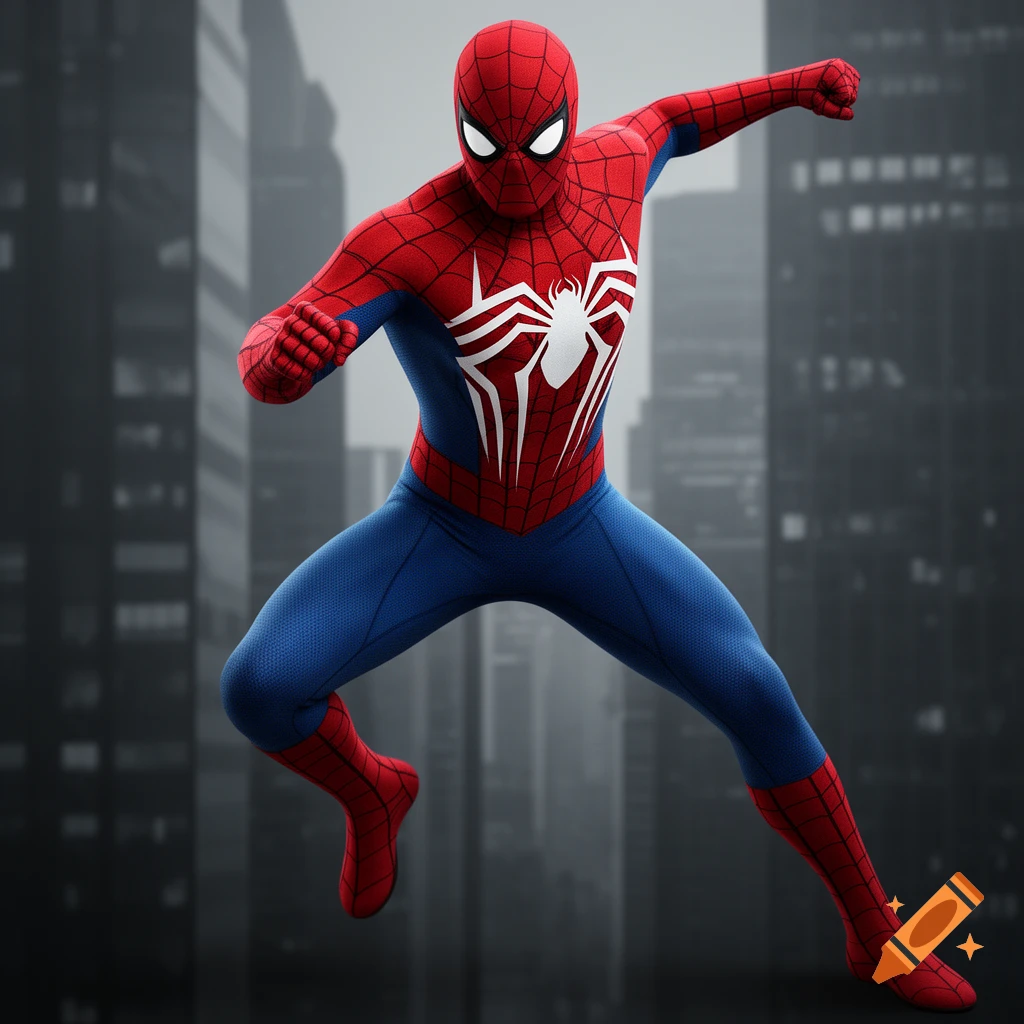 Photorealistic Spider-Man in a red and blue suit with a white spider emblem poses dynamically against a blurred city background.