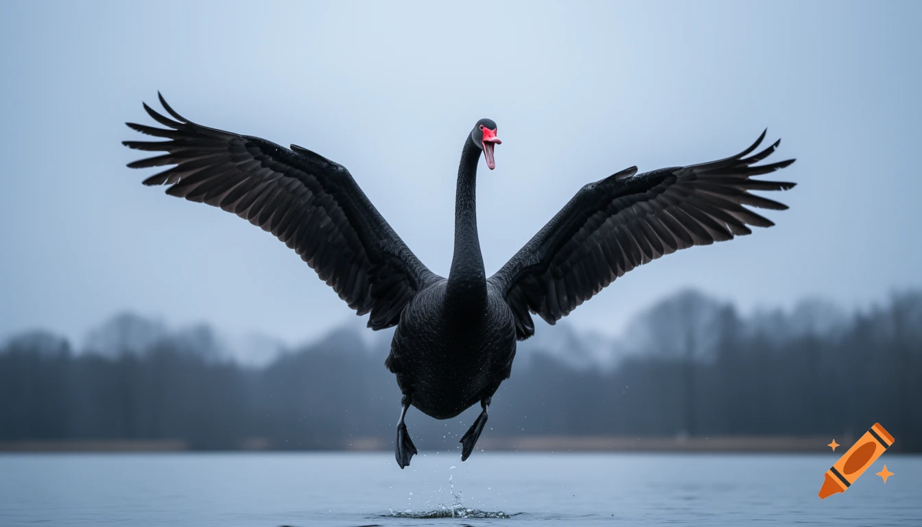 A black swan with wide, spread wings takes off from the water, with a red eye and open beak, against a misty background.