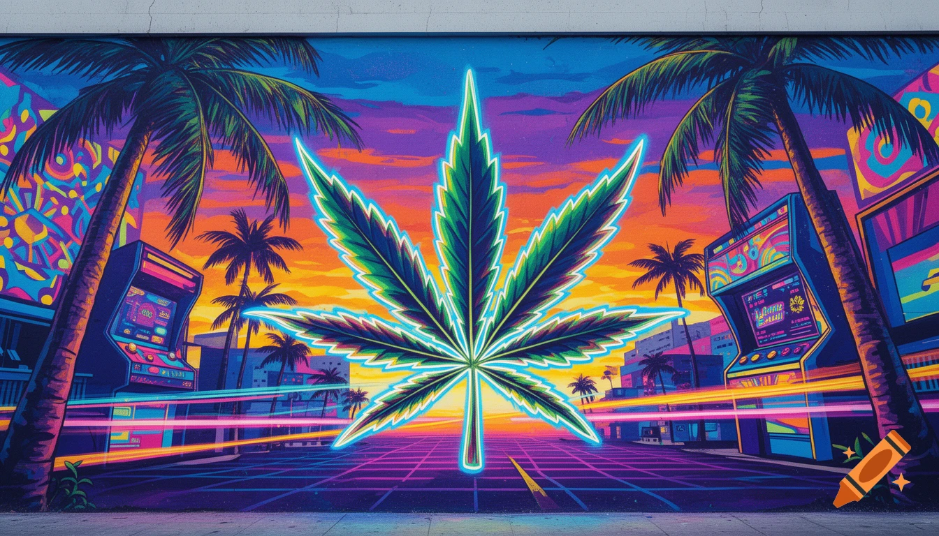 A vibrant retro-neon mural of a large glowing cannabis leaf, flanked by palm trees and arcade machines, against a sunset cityscape.