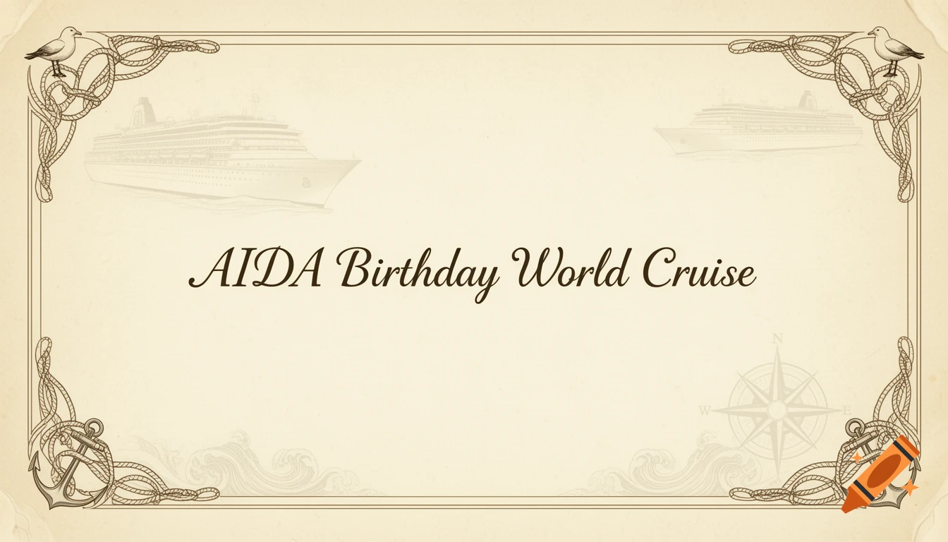 Vintage nautical announcement card for AIDA Birthday World Cruise, framed by rope and anchor motifs, with faint cruise ship watermarks.