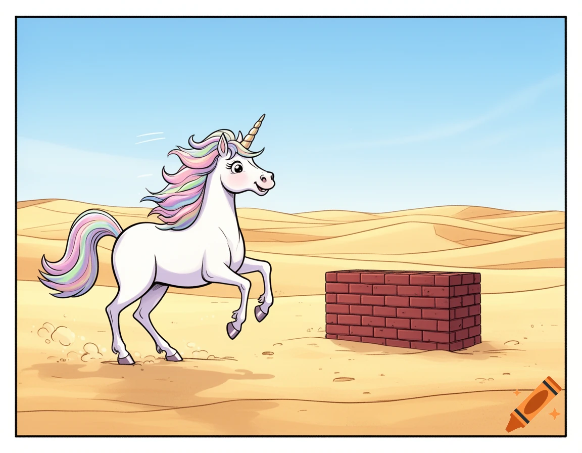 A colorful, happy unicorn prances in a comic style desert next to a brick well.