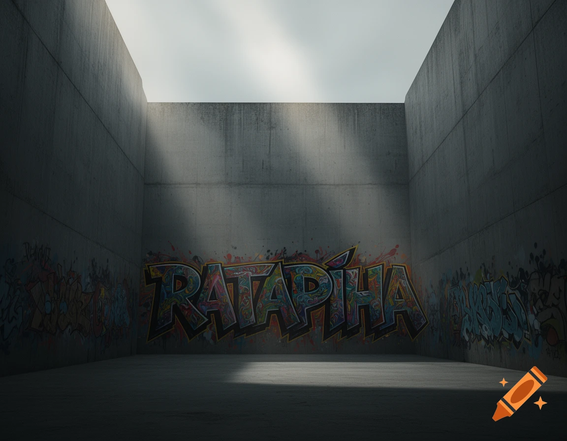 Sunlight beams into a concrete room with colorful 'RATAPIHA' graffiti on the wall.