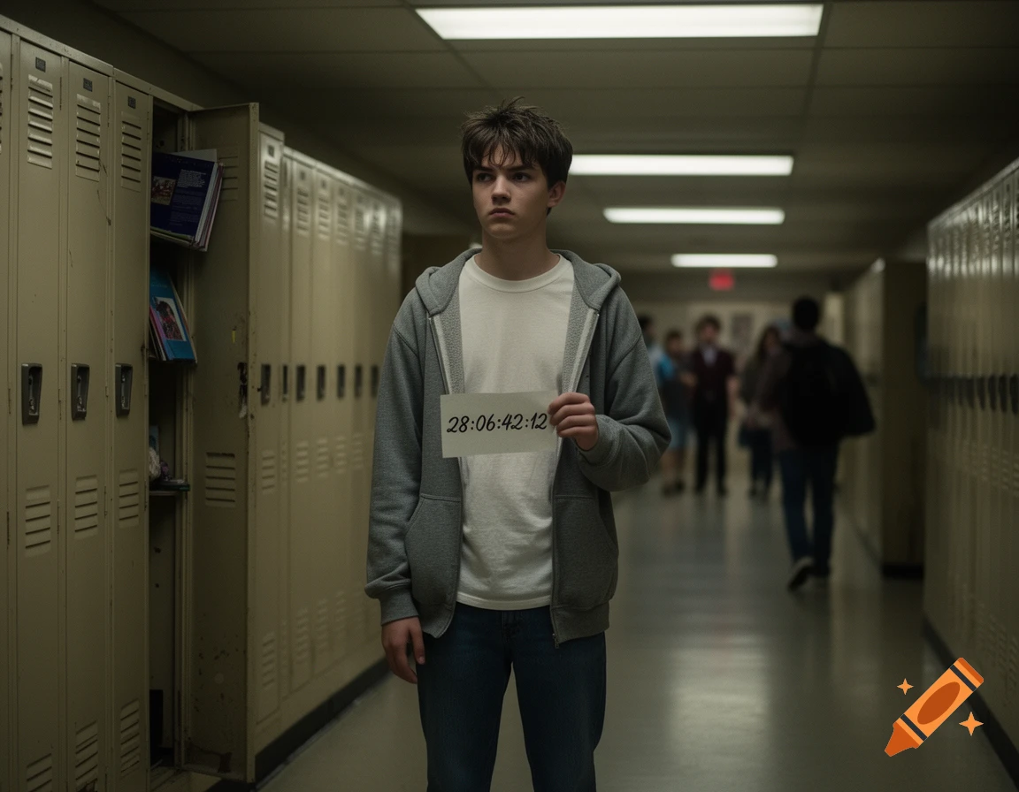 A young man in a gray hoodie holds a paper with '28:06:42:12' in a dimly lit school hallway with lockers, photorealistic style.