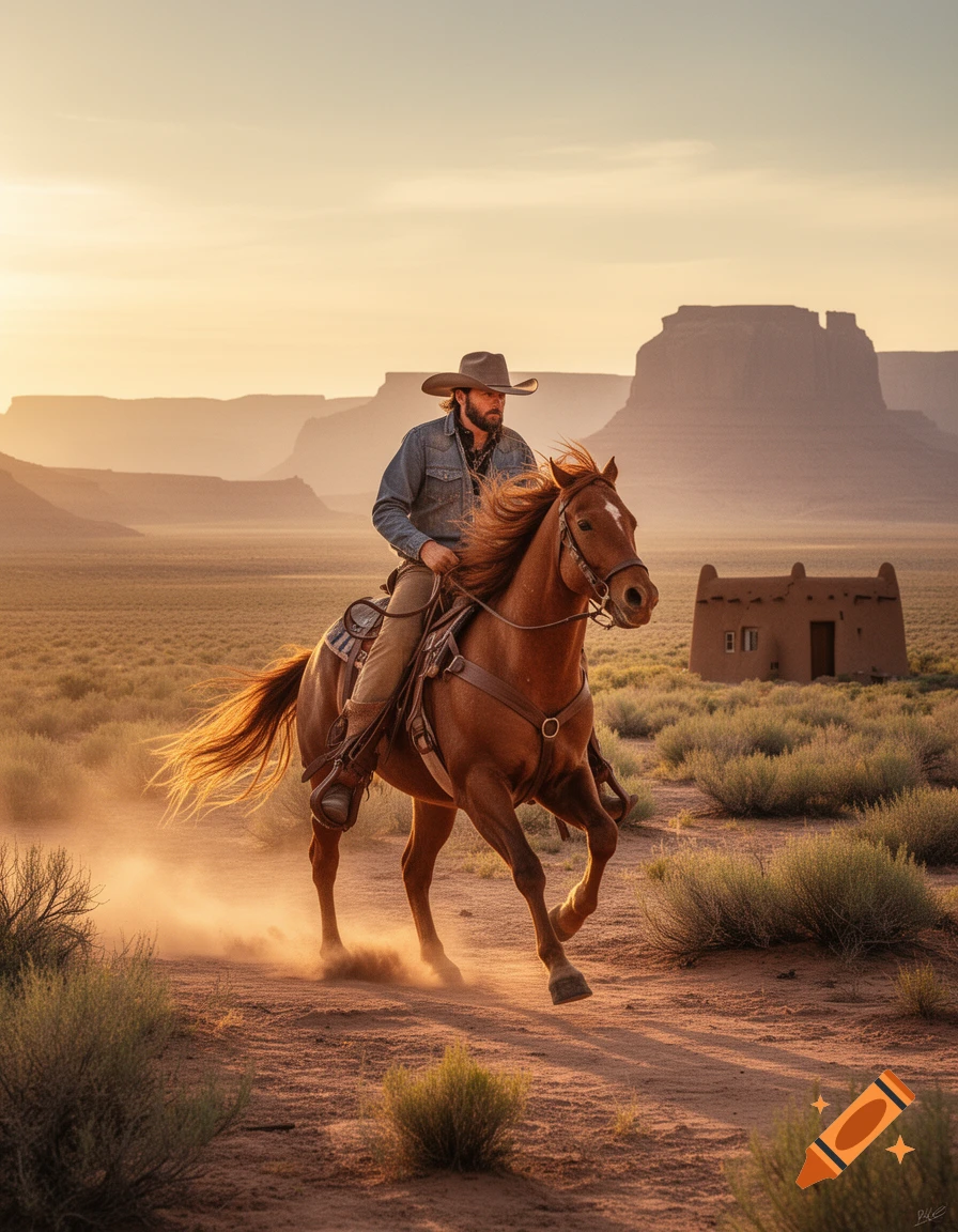 A photorealistic image of a cowboy on horseback riding through a desert valley at sunset, with mountains and a Pueblo building in the background.