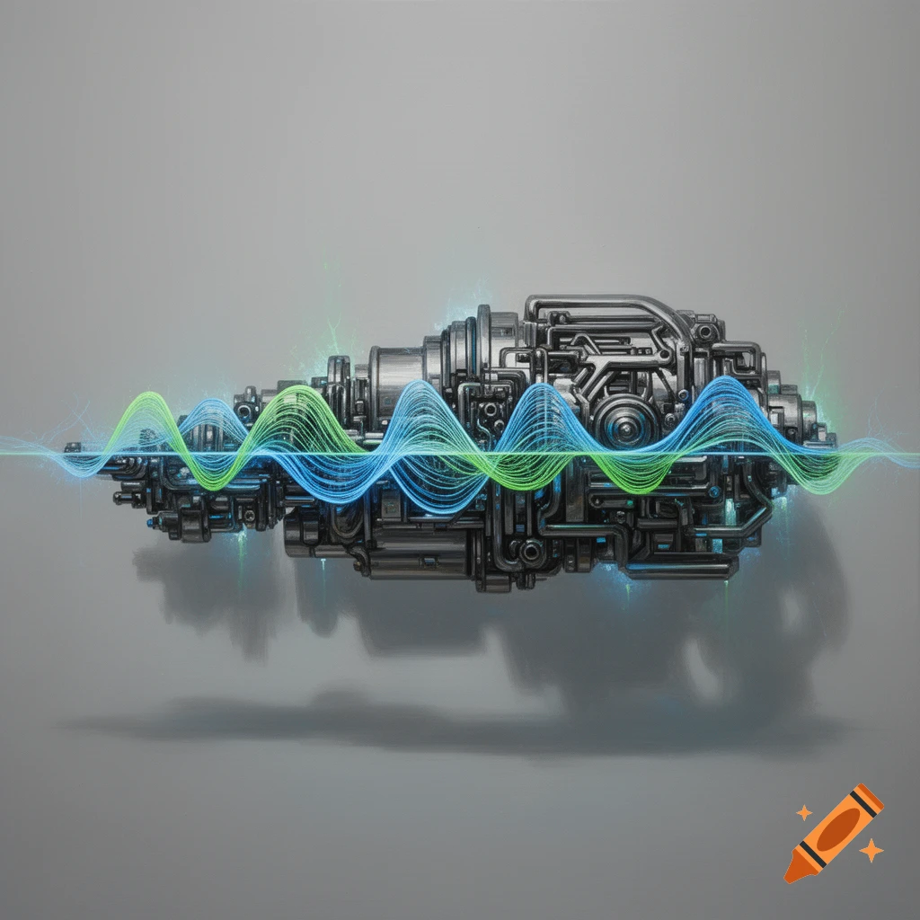 A detailed metallic machine with tubes and pipes emitting glowing blue and green sine waves on a gray background.