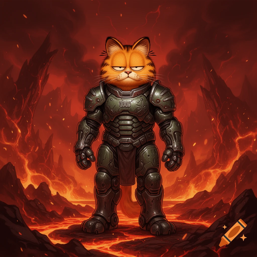 Garfield the cat, wearing detailed Doom Slayer armor, stands in a fiery, hellish landscape with lava and jagged rocks.