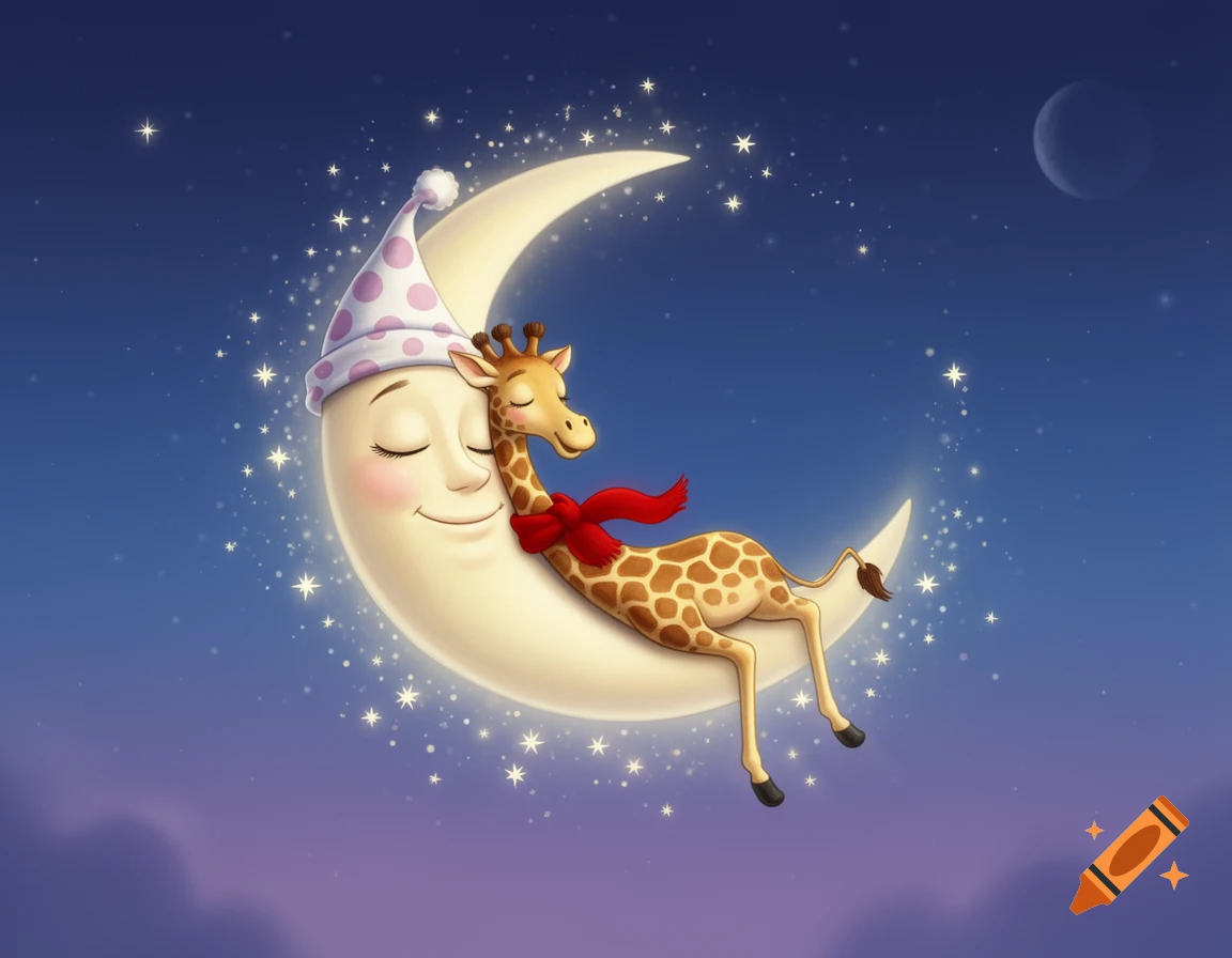 A charming cartoon illustration of a giraffe in a red scarf sleeping on a crescent moon wearing a nightcap, surrounded by stars at night.