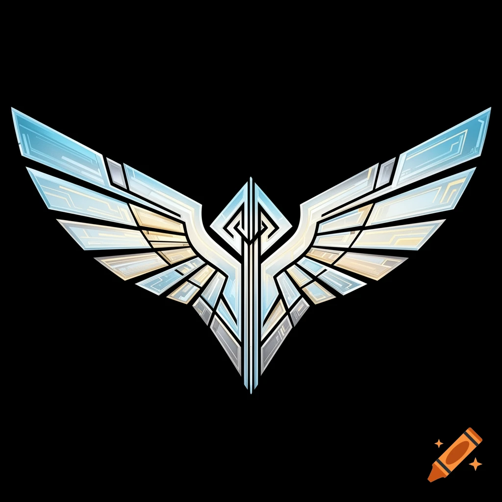 A futuristic sci-fi emblem with stylized geometric wings in light blue, white, and gold, set against a black background.