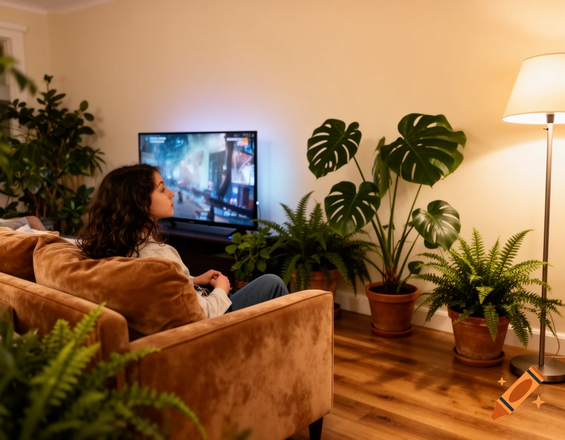 A person sitting on a brown sofa, watching TV in a living room filled with various potted plants.