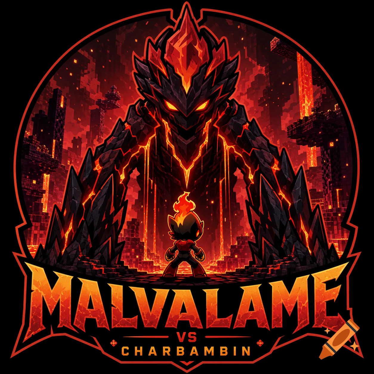 Stylized logo: A giant fiery rock monster, Malvalame, looms over a small fire character, Charbambin, in a pixelated lava-filled city. Text: MALVALAME VS CHARBAMBIN.