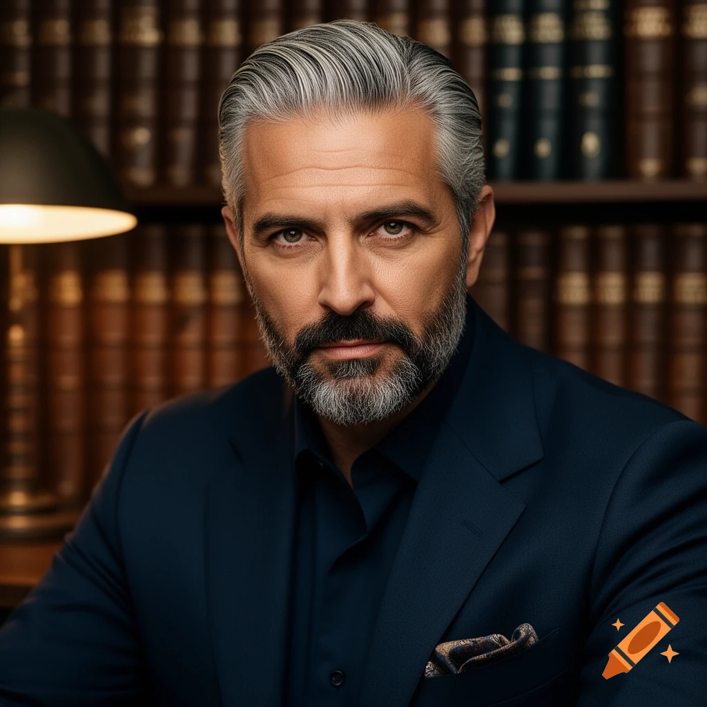 Photorealistic portrait of a distinguished man with gray hair and a beard, wearing a navy suit, in a library.