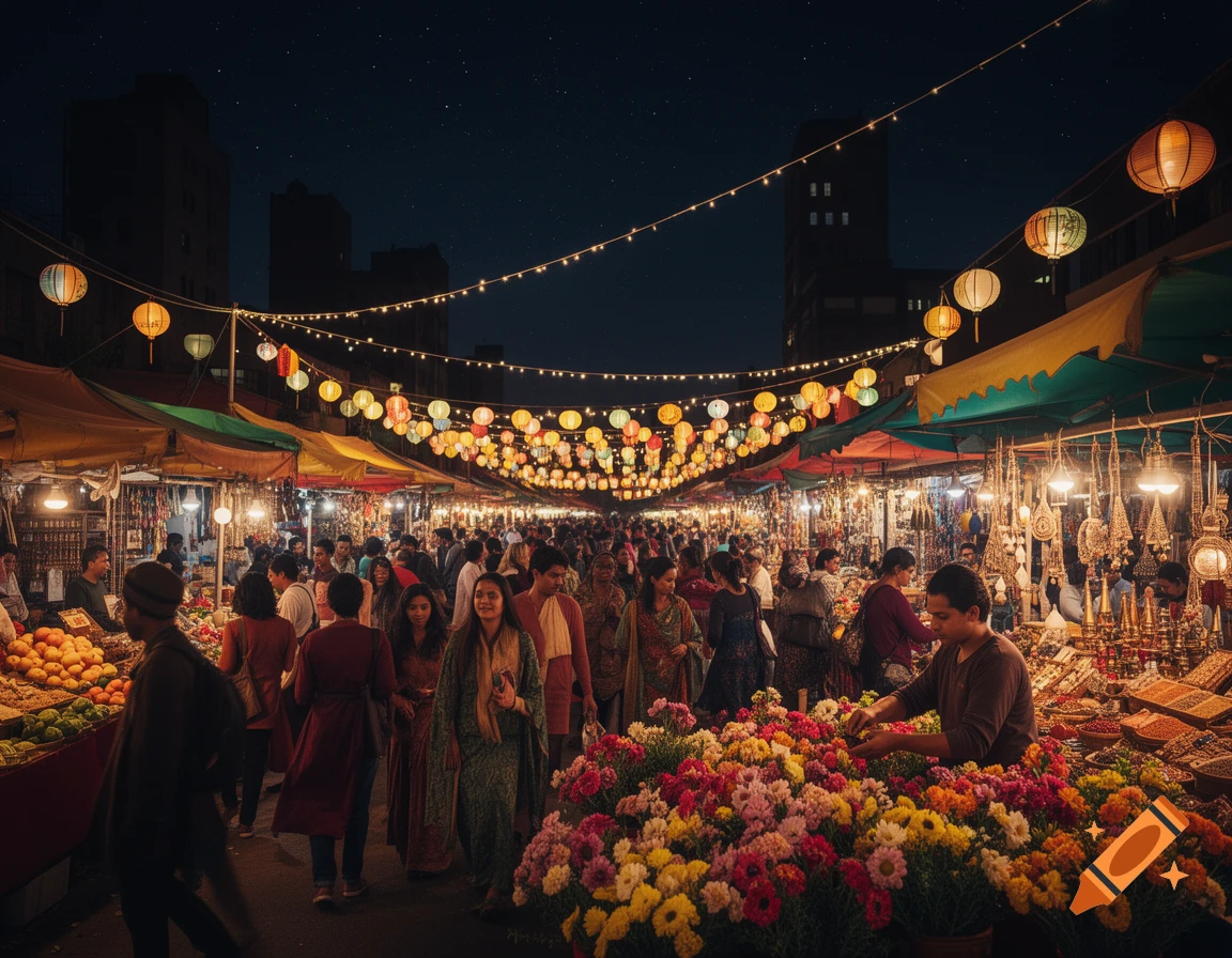 A bustling night market glows with numerous lanterns and string lights, packed with people browsing vibrant stalls selling flowers, fruits, and crafts.