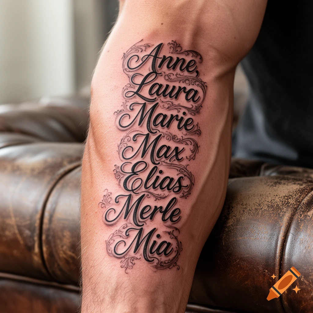 Photorealistic tattoo on a forearm with names Anne, Laura, Marie, Max, Elias, Merle, Mia in elegant script and decorative scrollwork.