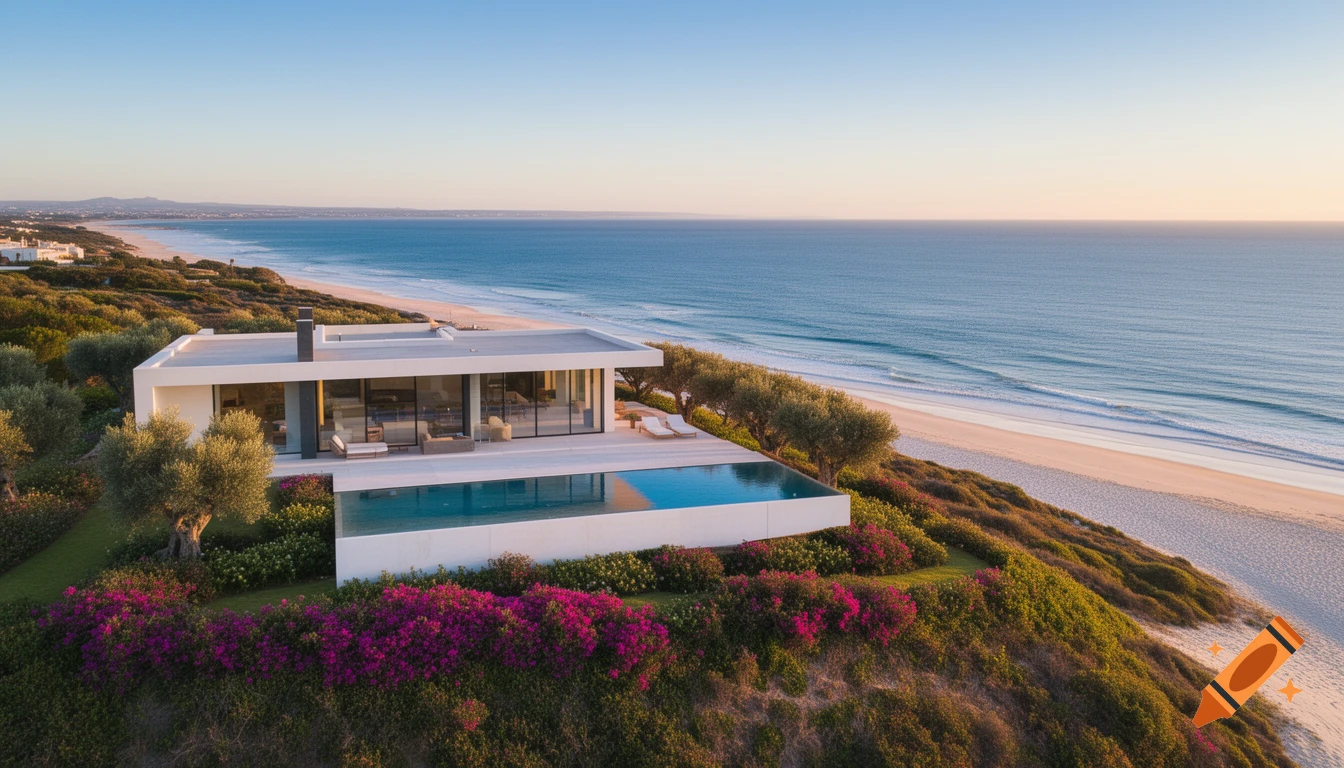A photorealistic aerial view of a modern luxury home with an infinity pool overlooking a sandy beach and ocean at sunset.