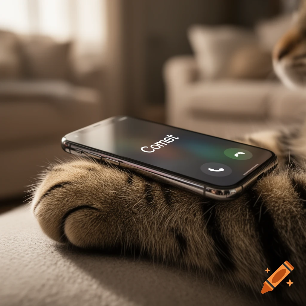A close-up of a tabby cat's paw holding a smartphone with 'Comet' displayed on the screen as an incoming call.