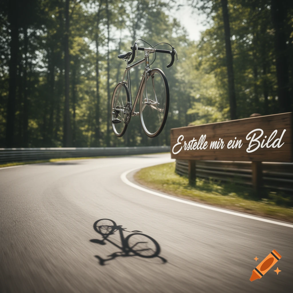 Photorealistic image of a chrome bicycle floating above a winding forest road with its shadow below. A wooden sign says 'Erstelle mir ein Bild'.