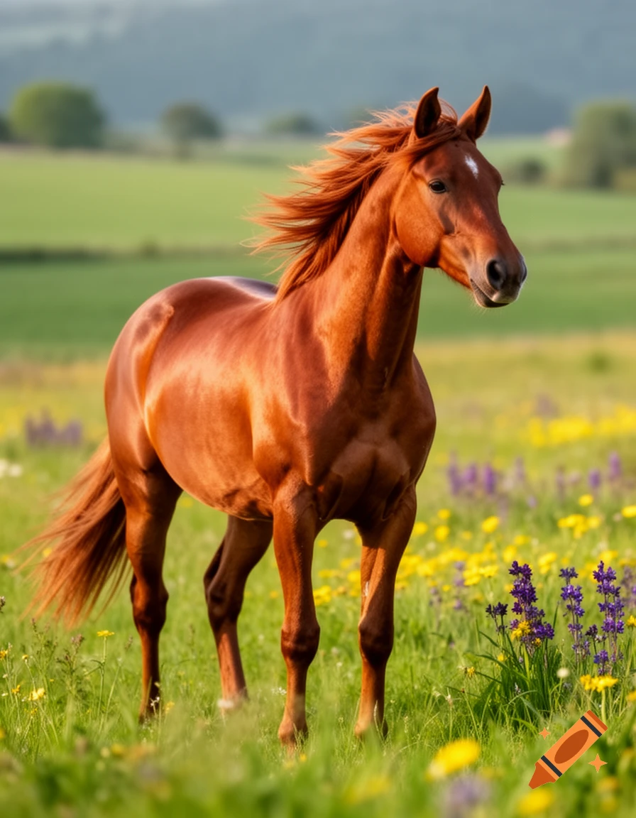 A majestic brown horse with a flowing mane stands in a vibrant green meadow filled with yellow and purple wildflowers.