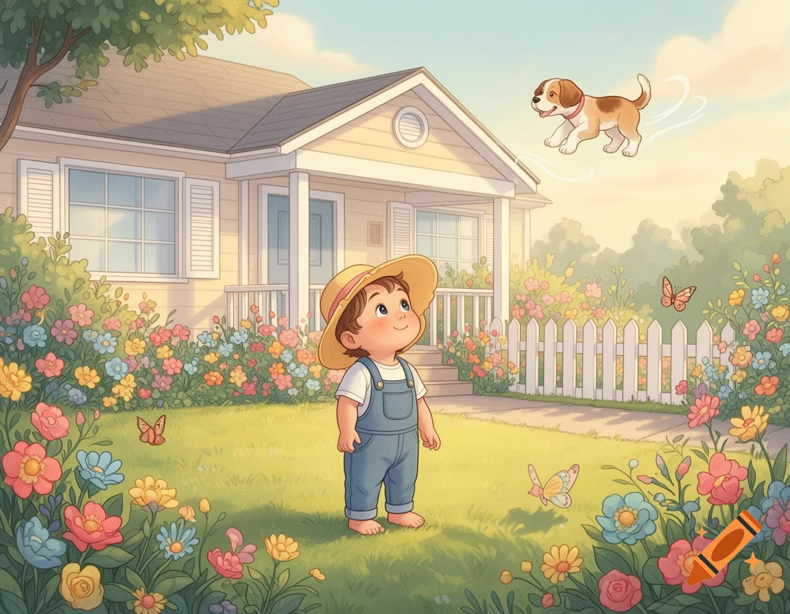 A cheerful child in overalls and a straw hat stands in a vibrant flower garden, looking up at a floating puppy and butterflies. Illustration.