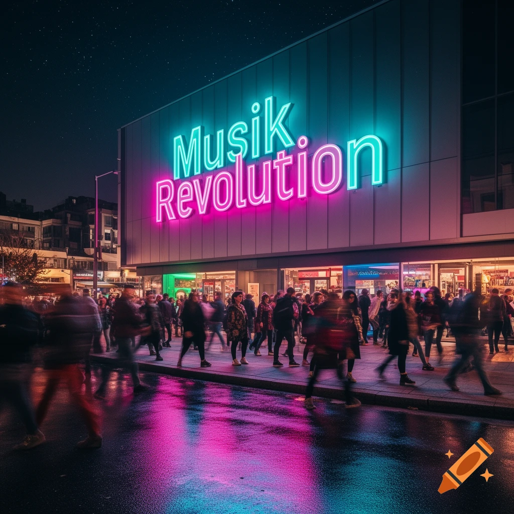 Photorealistic image of a city street at night, with a building lit by bright 'Musik Revolution' neon signs, reflecting on wet pavement as blurred crowds pass.
