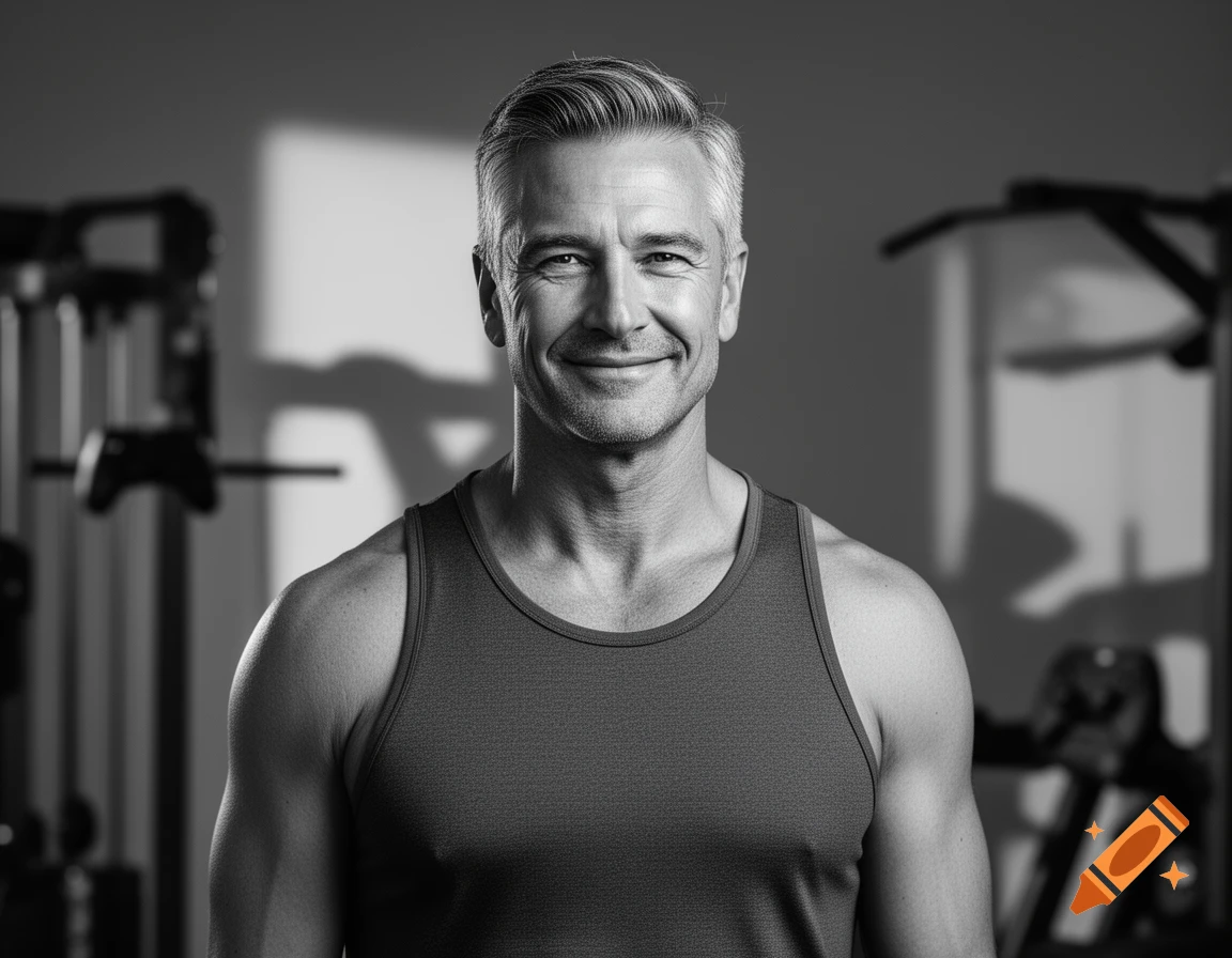 Black and white portrait of a smiling, fit middle-aged man with gray hair in a tank top at a gym.
