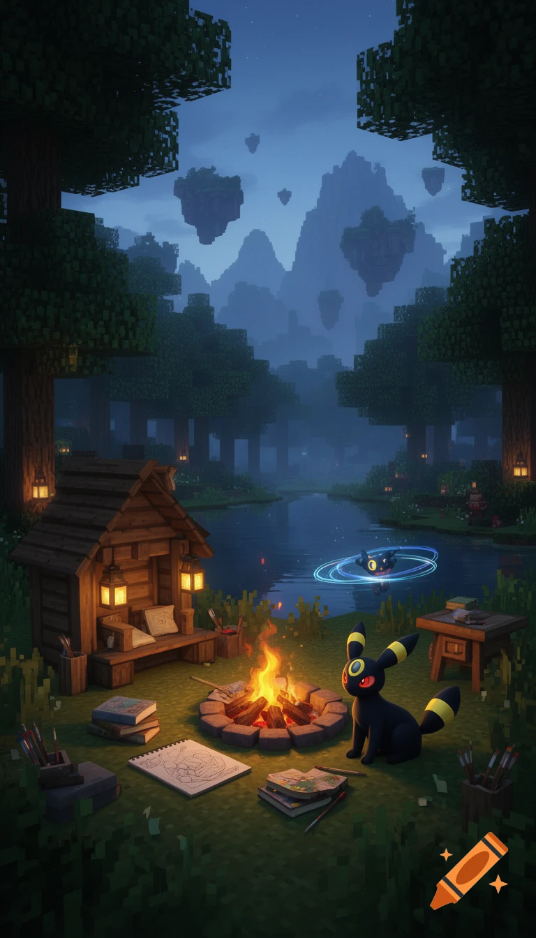 A Minecraft-inspired campsite at blue hour with a campfire, wooden shelter, art supplies, books, and an Umbreon Pokémon by a river with floating islands in the background.