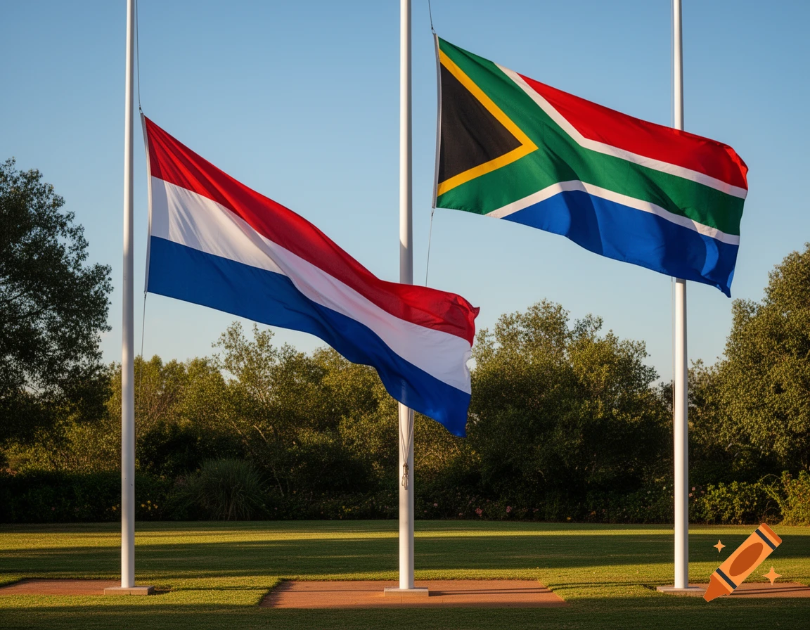 The Netherlands flag and the South African flag fly from separate poles on a green lawn under a clear blue sky.