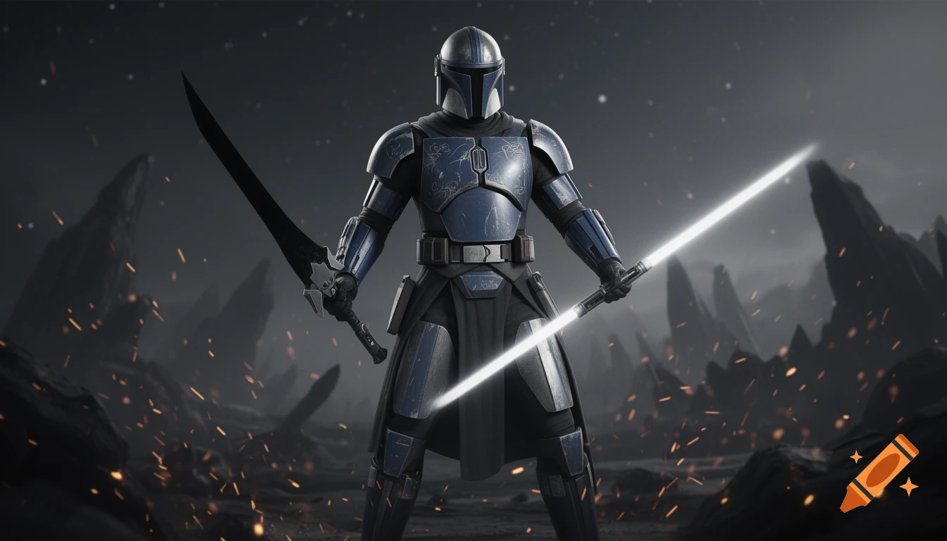 A Mandalorian-like warrior in blue and gray armor stands in a rocky, ember-filled landscape, holding a black saber and a white lightsaber.