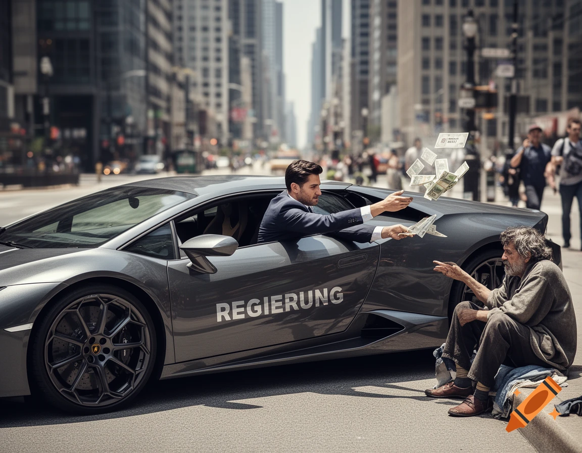A man in a suit in a grey Lamborghini with 'REGIERUNG' on its side throws money at a homeless man on a city street, photorealistic style.