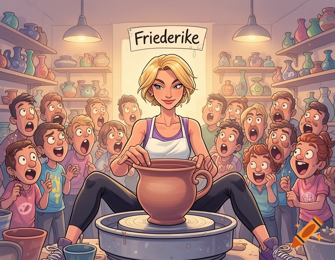 A cartoon illustration shows a blonde woman in an apron, sitting at a pottery wheel and shaping a clay pot, surrounded by a crowd of surprised onlookers in a pottery studio. A banner above reads "Friederike."