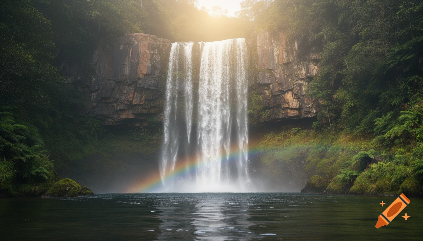 A majestic waterfall cascades over tall, rocky cliffs into a calm body of water, with a vibrant rainbow arching through the mist, surrounded by lush green foliage under a bright sky.