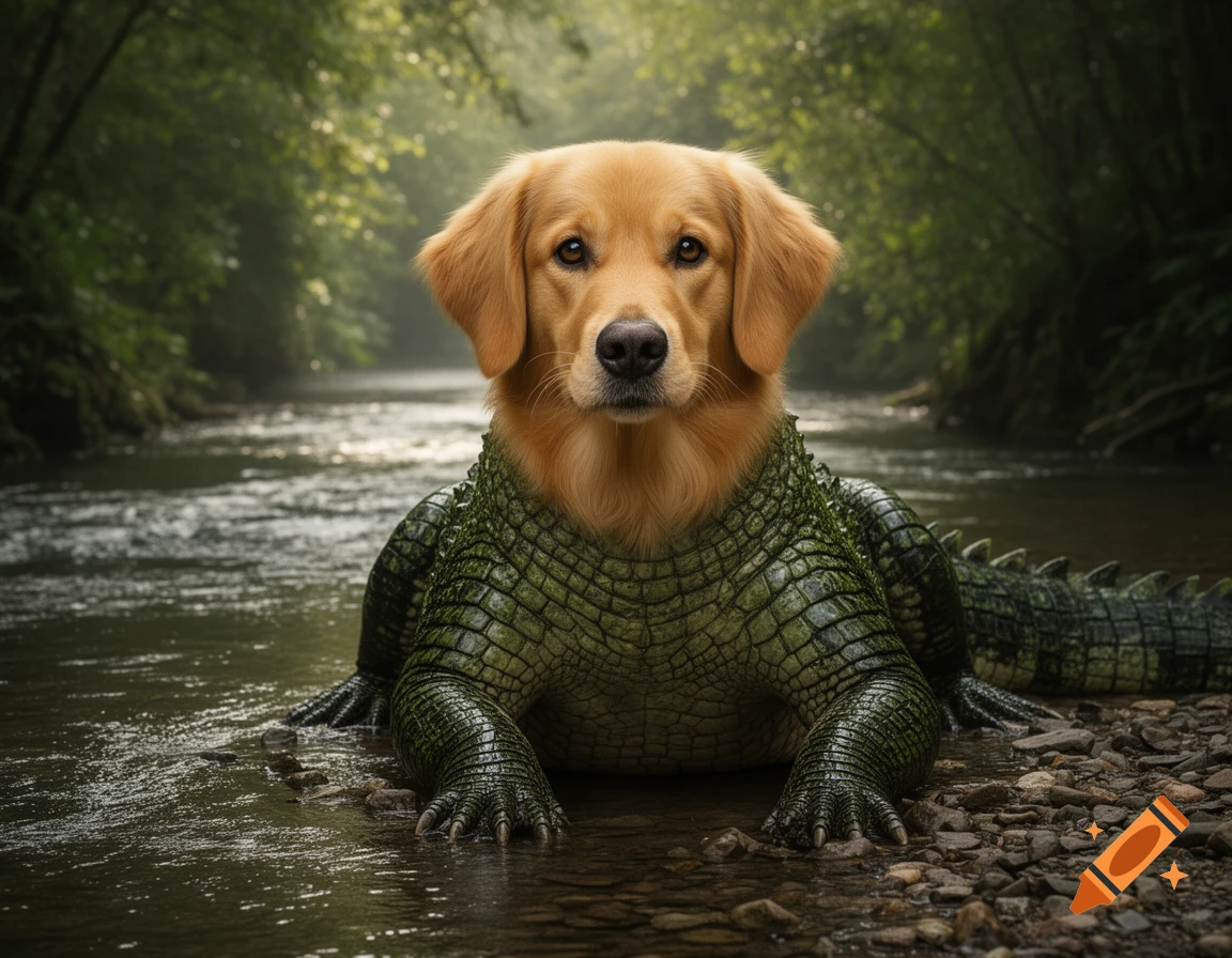 A golden retriever head on a crocodile body, sitting partially submerged in a shallow forest river, looking forward.