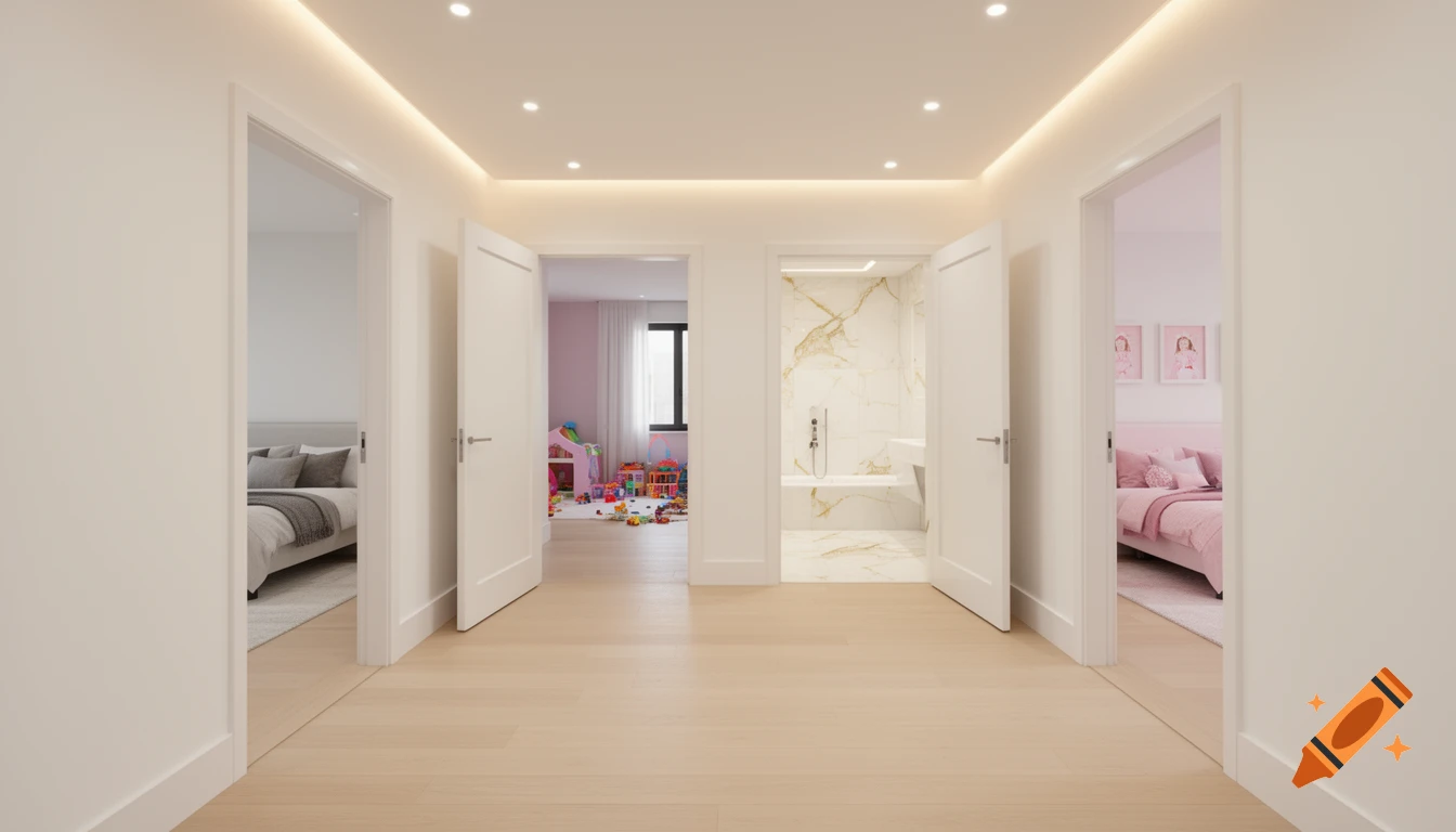 Photorealistic wide-angle view of a luxury modern house hallway with open doors leading to bedrooms, a playroom, and a marble bathroom.