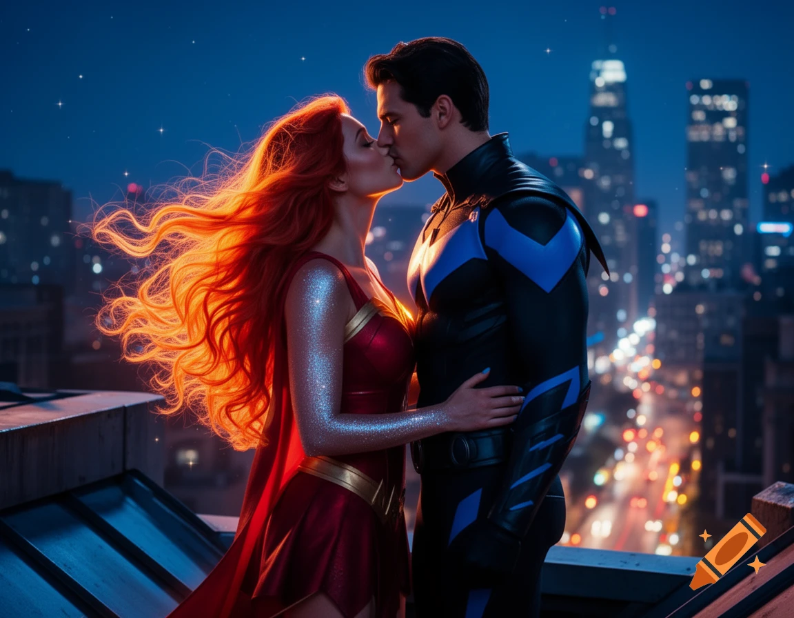 Starfire and Nightwing share a kiss on a city rooftop at night, with a glowing cityscape in the background.