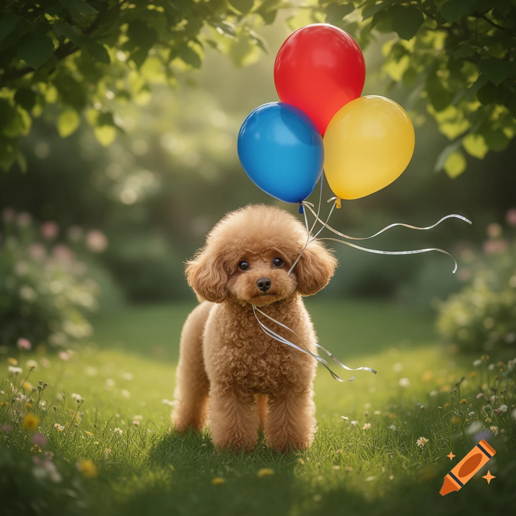 A cute brown toy poodle holds three colorful balloons (red, blue, yellow) by their strings in its mouth, standing in a sunny, green garden.