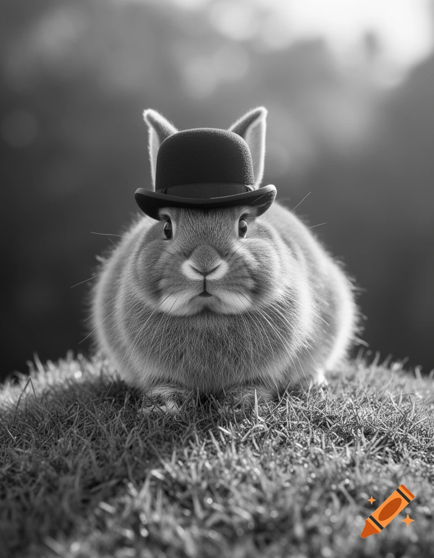 A fluffy black and white bunny wearing a small bowler hat sits on green grass.