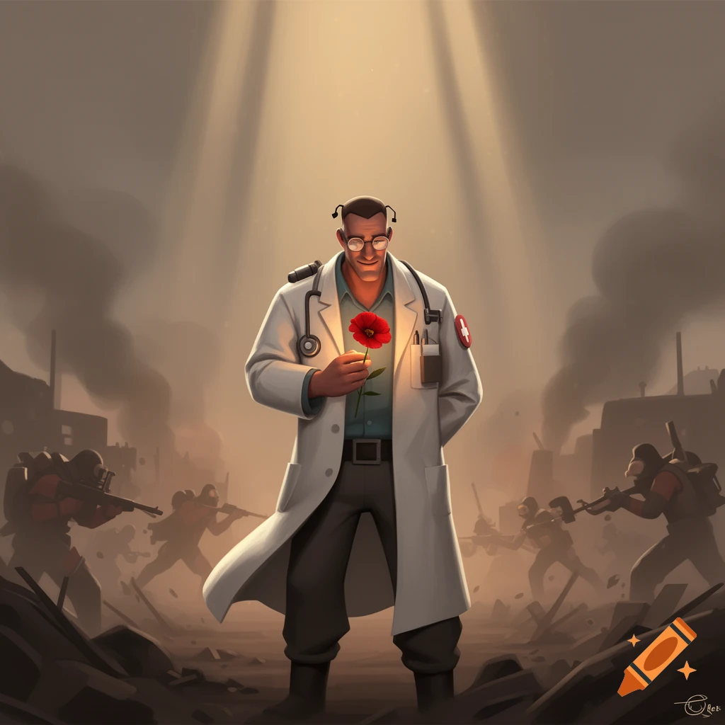 The TF2 Medic, in his white coat, holds a glowing red poppy flower in a smoky, stylized battlefield with soldiers.