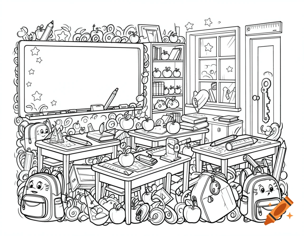 Black and white line art of a whimsical classroom, cluttered with school supplies, including smiling backpacks, apples, and pencils, for a hidden object puzzle.