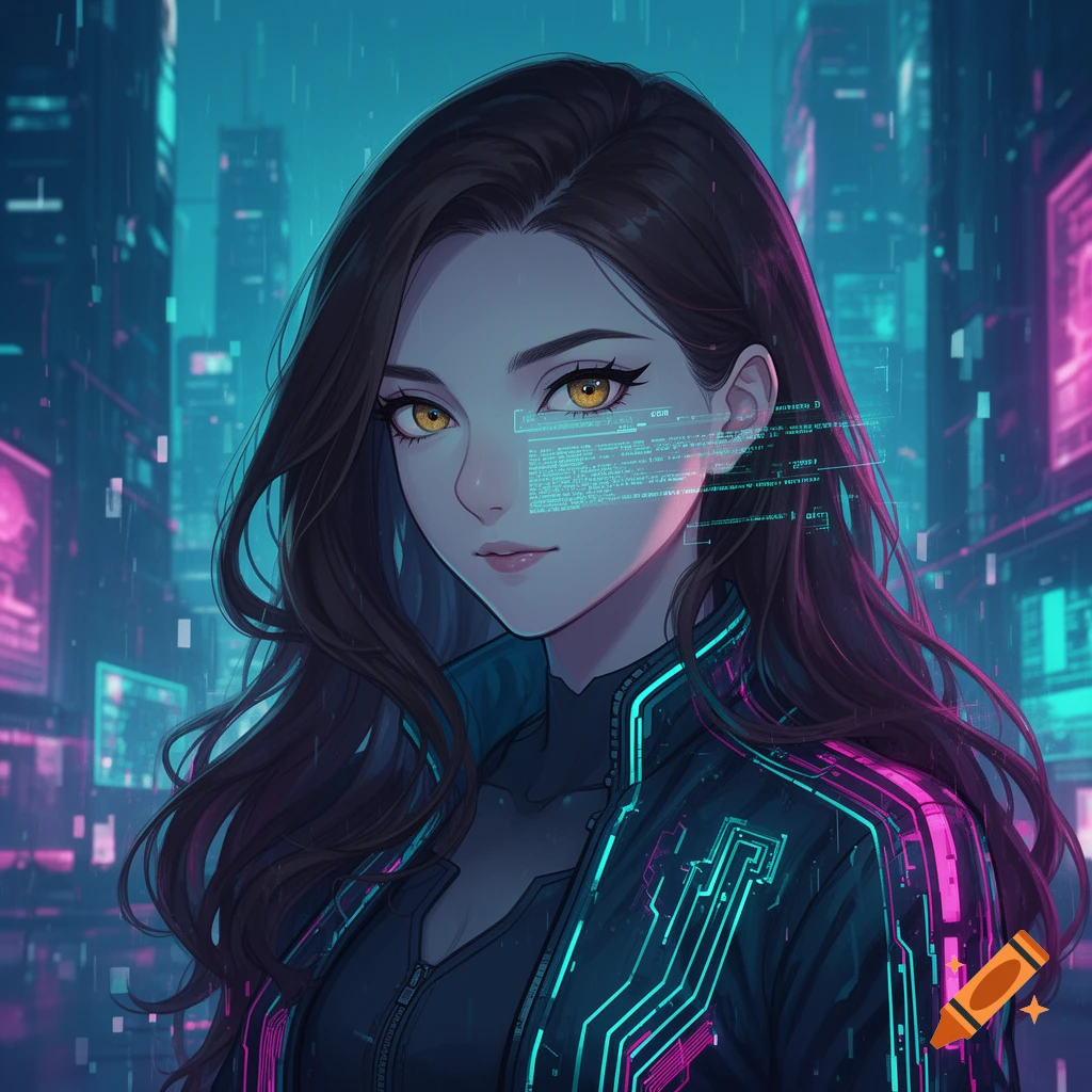 A cyberpunk-style anime woman with long dark hair, hazel eyes, and holographic data overlays on her face, in a neon city.