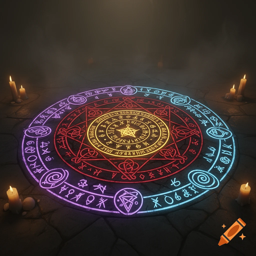 A glowing, multicolored magic circle with intricate runes and symbols illuminates a dark stone floor, surrounded by flickering candles and mist.