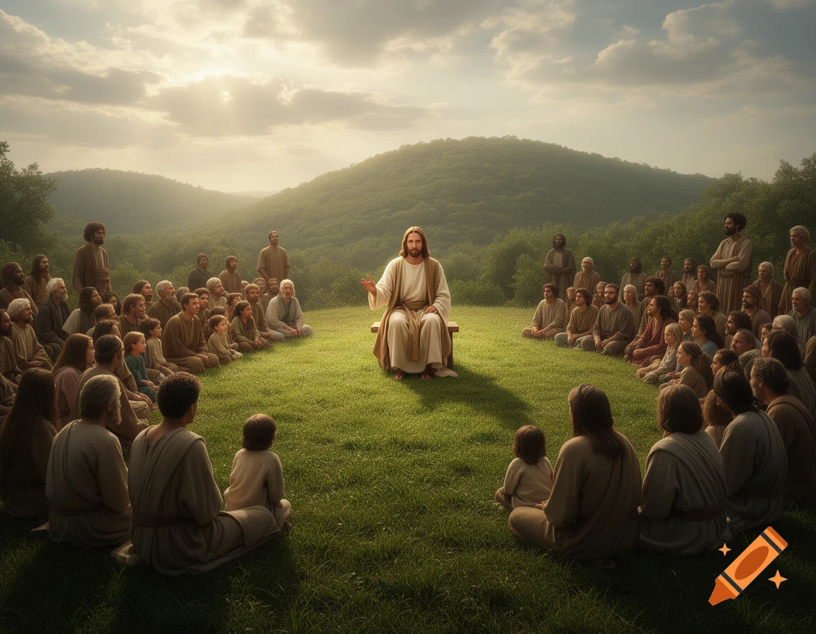 Jesus, in a white robe, teaches a large crowd seated on a grassy hillside under a soft, golden sky with rolling hills. Photorealistic.
