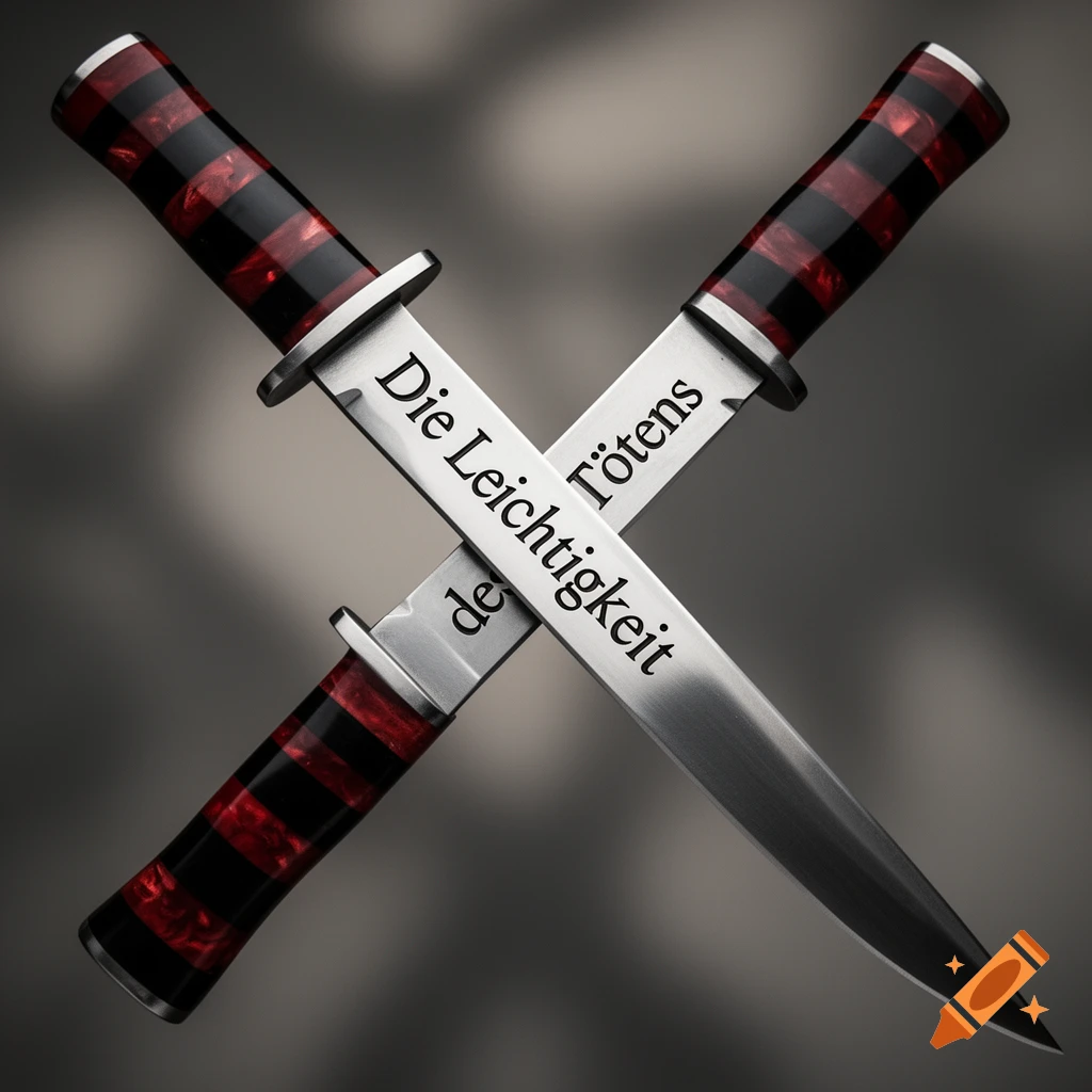 Two crossed knives with red and black striped handles, displaying the German text 'Die Leichtigkeit des Tötens' on their blades.