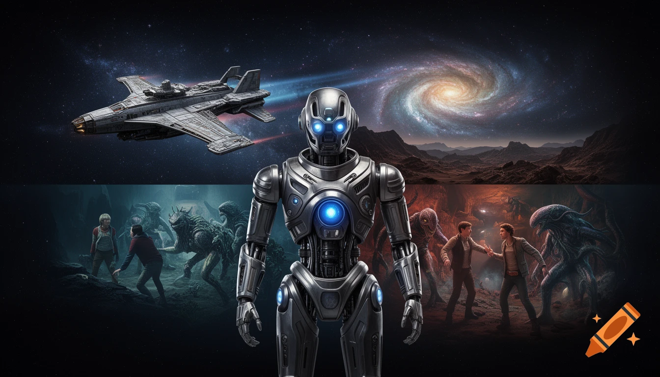 A detailed metallic robot stands centered in a sci-fi collage with a spaceship, galaxy, alien planets, and scenes of humans encountering aliens.