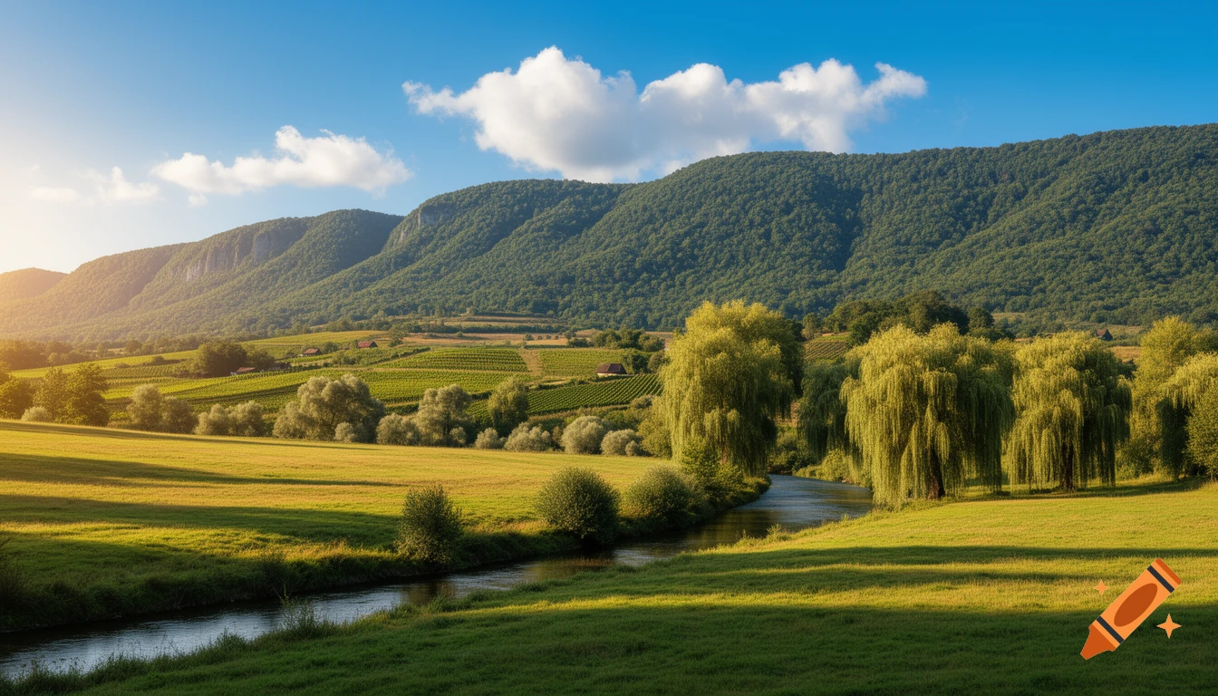 Scenic photorealistic landscape with green rolling hills, vineyards, a river, and forested mountains under a sunny blue sky.