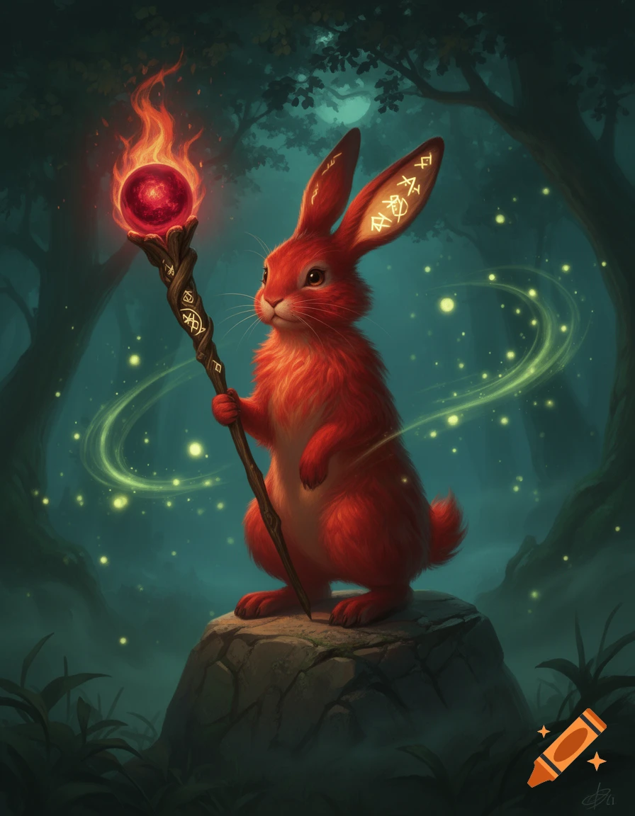 A red rabbit sorcerer stands on a rock in a mystical forest, holding a staff with a flaming red orb and glowing runes.