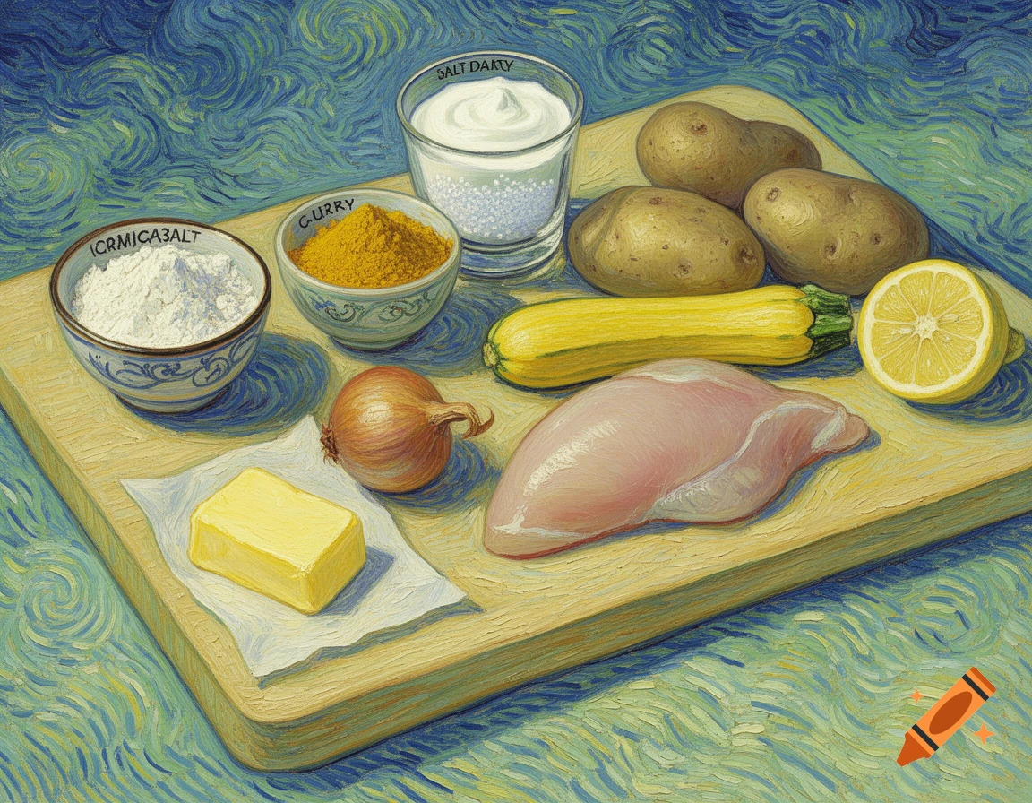Cooking ingredients like chicken, potatoes, and spices on a wooden board, rendered in a textured Van Gogh painting style.