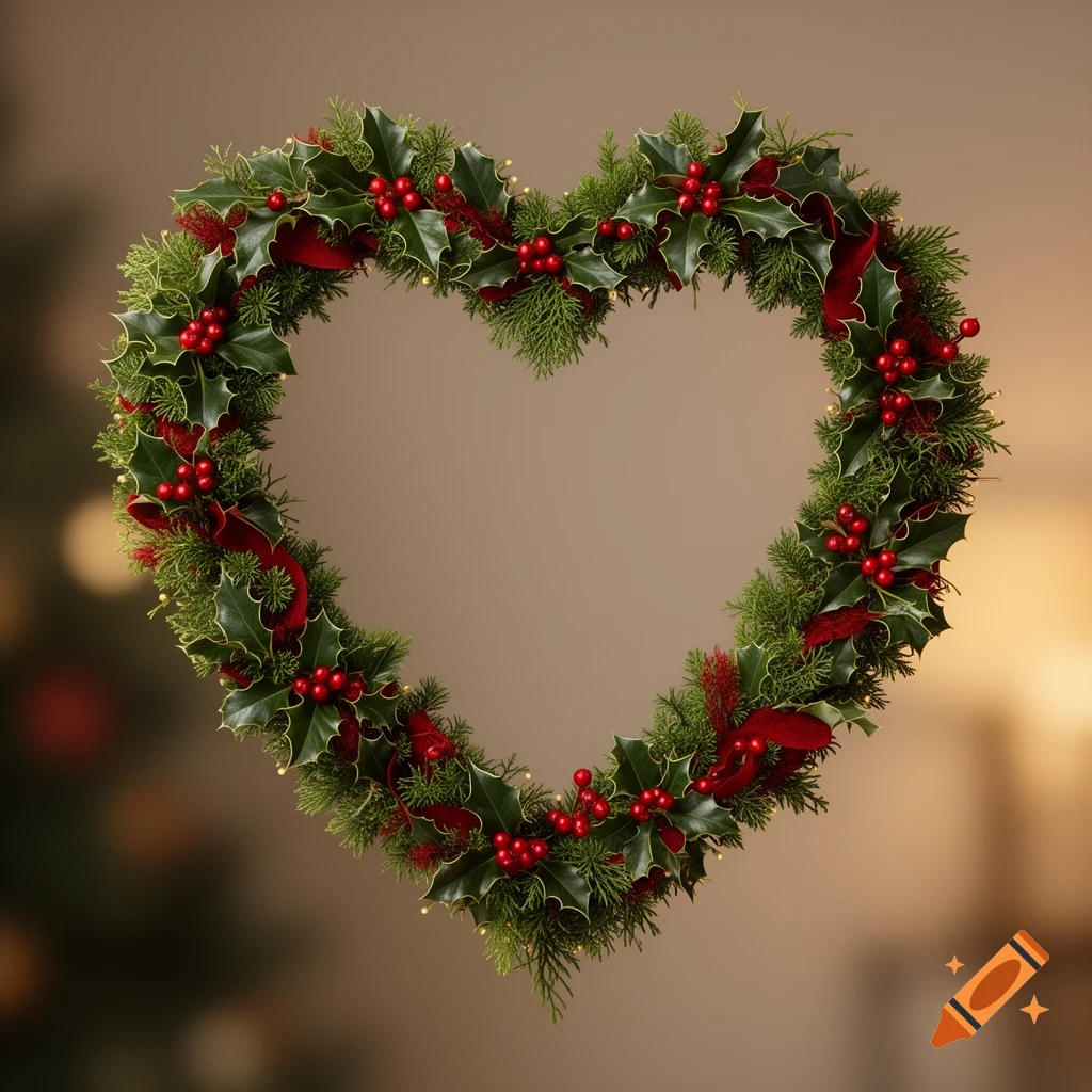 A photorealistic heart-shaped Christmas wreath made of green holly, red berries, red ribbons, and small lights against a blurred background.