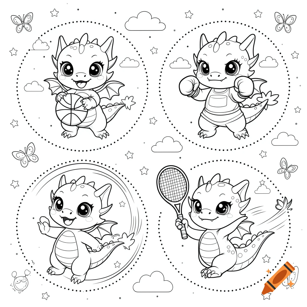 Coloring page featuring four cute chibi dragons playing basketball, boxing, tennis, and waving, with butterflies and stars.