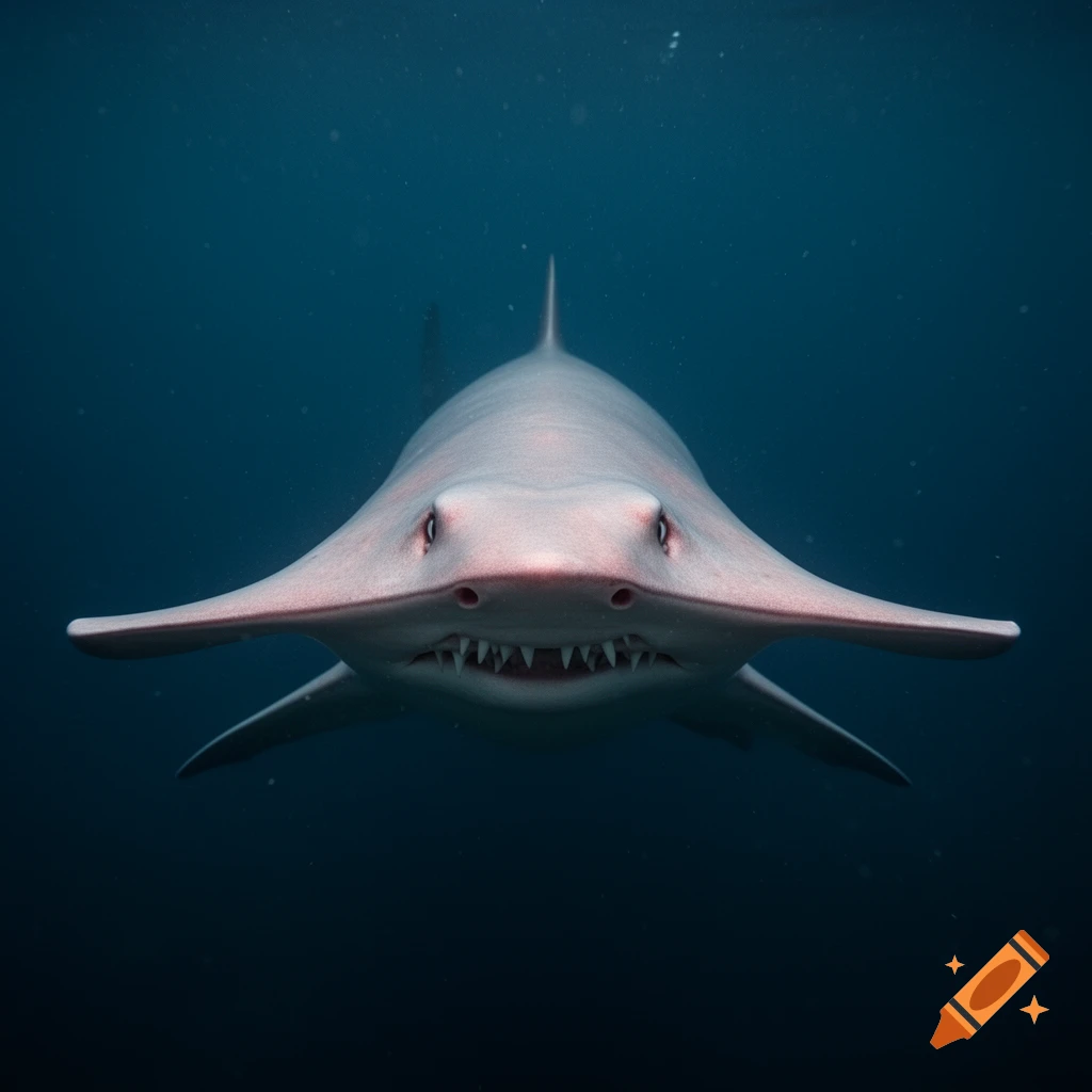 Photorealistic close-up of a goblin shark with sharp teeth and an elongated snout, swimming head-on in deep blue water.