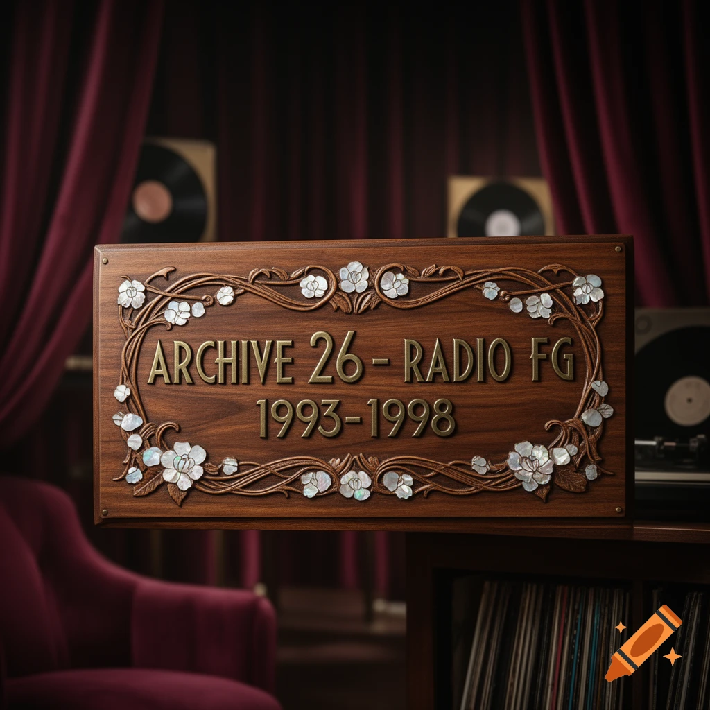 A decorative wooden sign with carved floral designs and mother-of-pearl inlays, displaying 'ARCHIVE 26 - RADIO FG 1993-1998', in a dimly lit room with vinyl records.